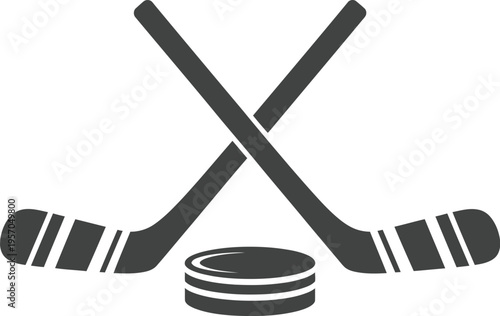 Crossed hockey sticks and a flat puck icon symbolize winter sport competition and athletic equipment graphics.
