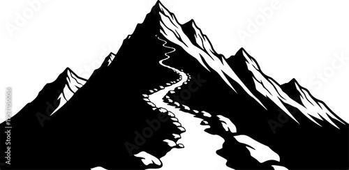 Black mountain range silhouette, vector landscape icon, rugged peaks, monochrome illustration