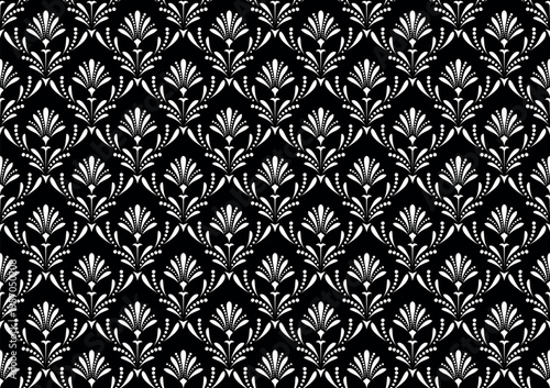 Floral pattern. Seamless vector background. Vintage wallpaper in the Baroque style. White and black ornament for fabric, wallpaper, packaging. Ornate Damask flower illustration.