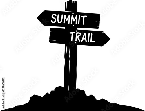 Black summit trail signpost, directional sign, hiking trail marker, mountain icon