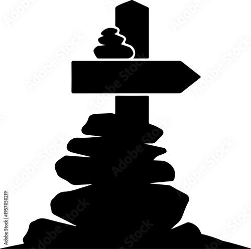 Black silhouette cairn signpost, directional arrow, stacked rocks, monochromatic vector icon