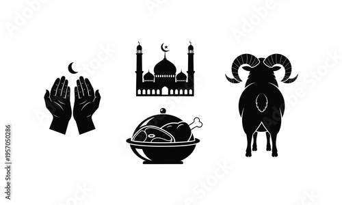 Eid al adha black vector silhouette illustration line art collection on white background
