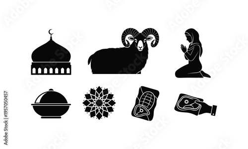 Eid al adha vector symbols mosque ram woman praying dish flower meat
