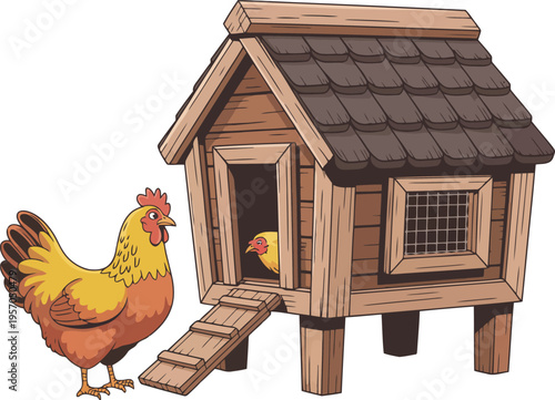 A brown hen stands beside a rustic wooden chicken coop with a small chick peeking from inside