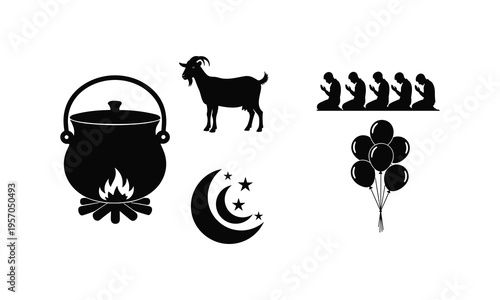 Eid al adha vector icons goat pot moon stars balloons praying people