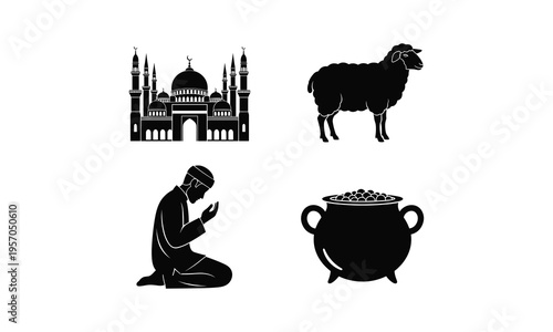 Eid al-adha mosque, sheep, praying man, and treasure pot vector silhouette illustration