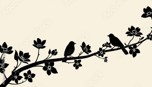 Vector illustration of two birds on a flowering branch