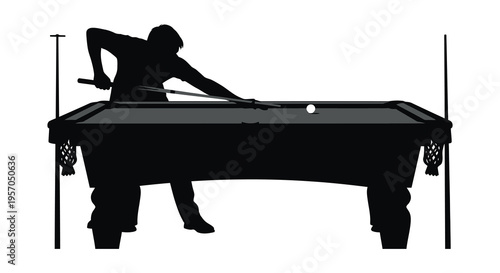 A focused pool player prepares to strike a dramatic silhouette