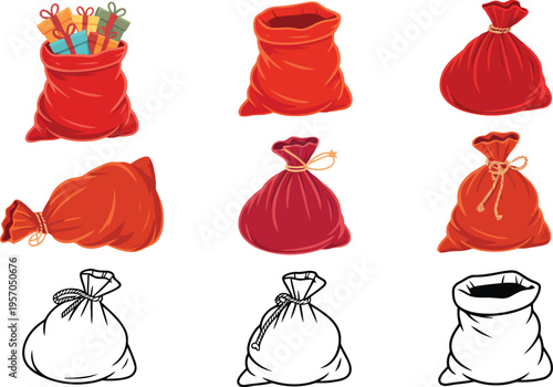 A collection of cartoon style red Santa sacks presented in various forms including filled and outlined