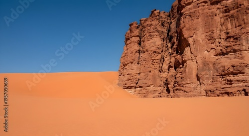 Minimalist red sandstone cliff and orange sand dune in Wadi Rum Jordan
