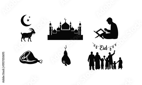 Islamic celebration elements set with mosque and family silhouette in vector illustration