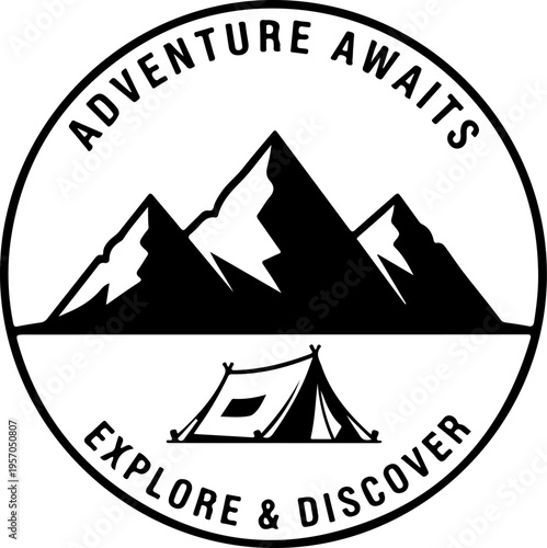 Adventure travel vector logo, mountain expedition badge, camping exploration emblem, outdoor adventure icon