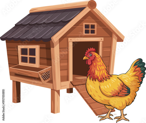 A colorful chicken stands proudly in front of a sturdy wooden chicken coop with an open doorway