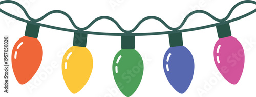 A colorful string of five decorative holiday lights hangs playfully on a wavy green wire