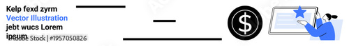 Finance, incentives, achievement, rating, recognition, rewards. Black dollar symbol beside a person displaying a rating badge with a star. Incentives and achievement concept