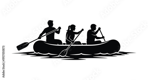 Three people paddling a canoe on water a striking silhouette