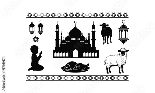 Muslim boy praying and sacrificial sheep silhouette vector for islamic eid al-adha festival