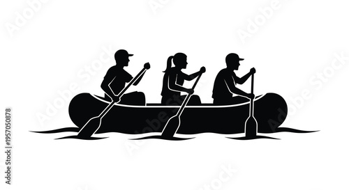Three people paddling a raft on water a striking silhouette