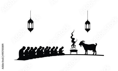 Muslim congregation praying together with sacrificial goat silhouette in vector illustration