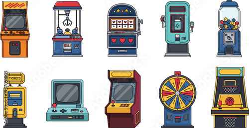Arcade machines and game devices collection with claw slot wheel and retro cabinets vector illustration set