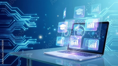 Wallpaper Mural Digital education technology with laptop and virtual icons featuring online learning, data analytics, graduation cap symbols, and futuristic e learning interface glass table showcasing advanced Torontodigital.ca