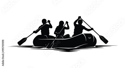 Three rafters paddling a boat on water black silhouette