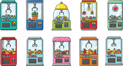 Claw machines collection with toys fruits and prizes arcade grabber game cabinets colorful vector illustration set