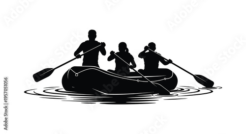 Three people paddling a raft on water a striking silhouette