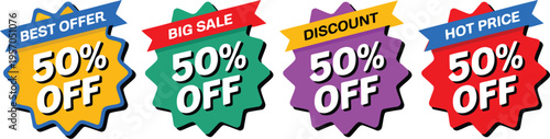 A dynamic red and blue sticker showcases a hot price offering a fantastic fifty percent saving