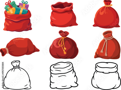 A diverse assortment of red Santa sacks, including colorful gift filled and plain outline versions