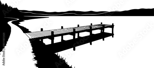 Dock, pier, lake, silhouette, black and white, vector, illustration, waterfront, landscape