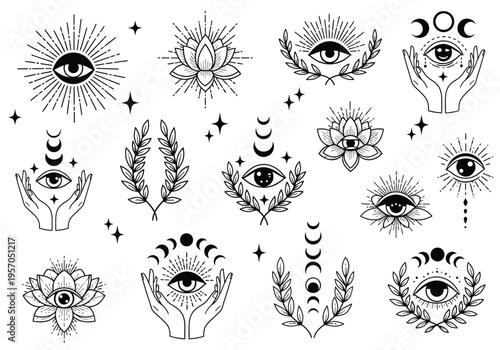 Set of 15 Esoteric Mystical Eye and Lotus Flower Vector Icons for Spiritual Design