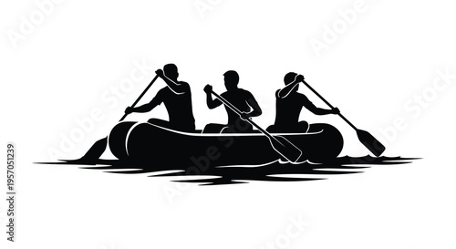 Three rowers in a boat depicted as a striking silhouette