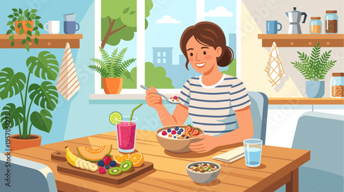 A cheerful woman enjoys a nutritious breakfast of cereal and fruit at a sunlit table, with plants and a window view creating a pleasant atmosphere.