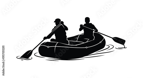 Two people rowing a raft on water a striking silhouette