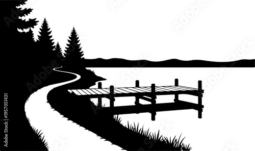 Black and white vector dock, serene lake scene, wooden pier, pathway silhouette