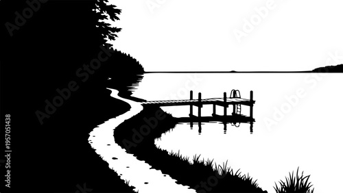 Black, silhouette lake dock, vector landscape, grassy shore, water scene