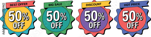 A series of colorful 50 percent off discount badges with varied text banners for sales events