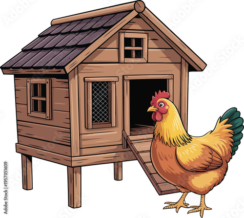 A single vibrant chicken with golden feathers stands beside a well built wooden chicken coop