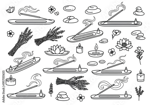 Set of 25 Outline Incense Sticks, Lavender Bundles, Candles, and Spa Icons Vector Illustration