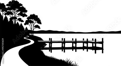 Black silhouette rural landscape, countryside road, fence, trees vector