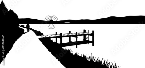 Black silhouette landscape, dock on lake shore, grassy bank, monochrome scenery, vector illustration