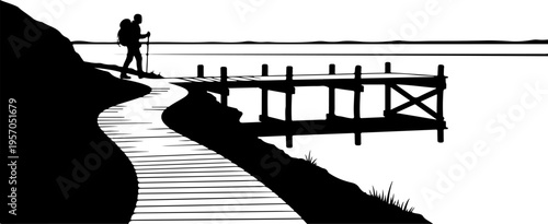 Black silhouette, hiking path, wooden bridge, outdoor scenery, vector illustration