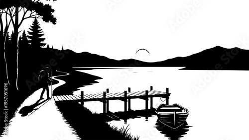 Black silhouette lake scene, serene landscape vector, dock and boat illustration, peaceful nature background