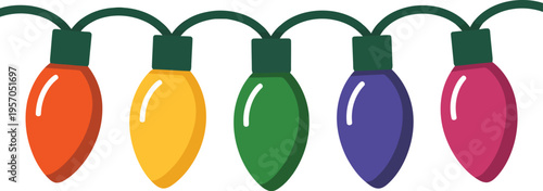 A straight line of five brightly colored traditional holiday string lights ready for festive decoration