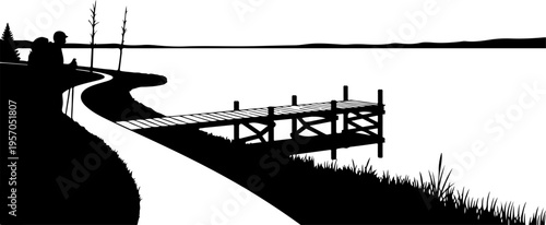 Black silhouette landscape, wooden bridge, winding road, rural scenery, vector illustration