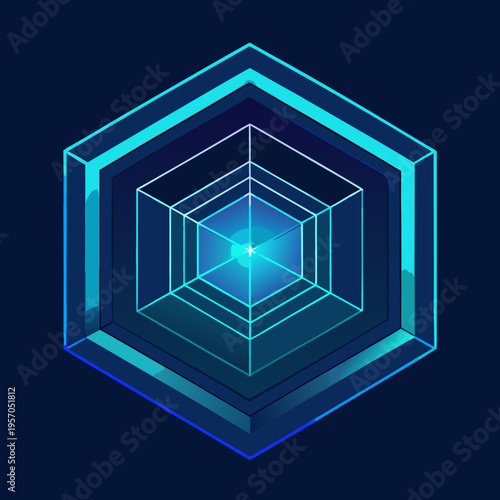 Glowing blue hexagonal prism with inner cubes