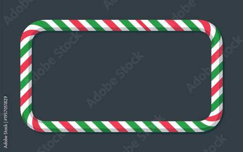 A three dimensional looking candy cane frame with thin red, green, and white stripes adorns a dark background