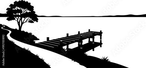 Black silhouette dock, lake dock, pier illustration, vector landscape