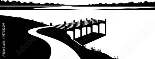 Black and white vector dock, serene lake scene, simple landscape illustration, monochromatic design element